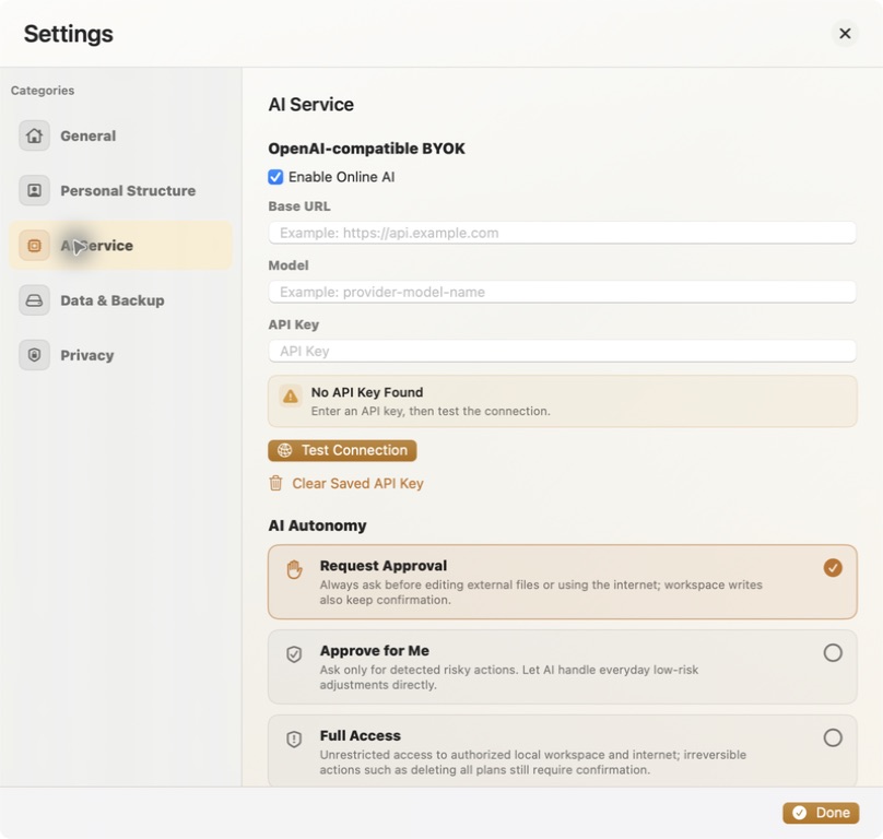 Sireon OpenAI-compatible BYOK settings